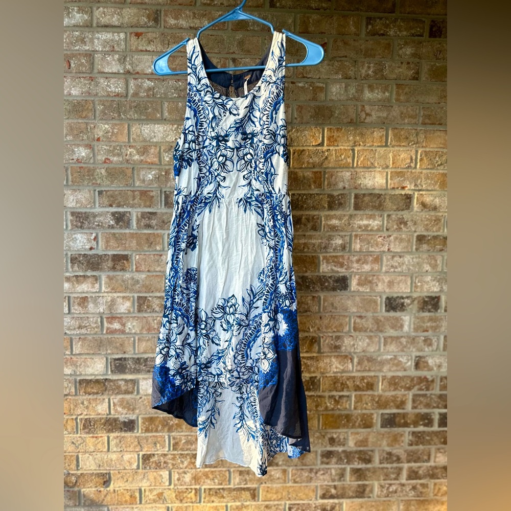 Free People Blue and White Open Laced Back Floral Dress side Zipper